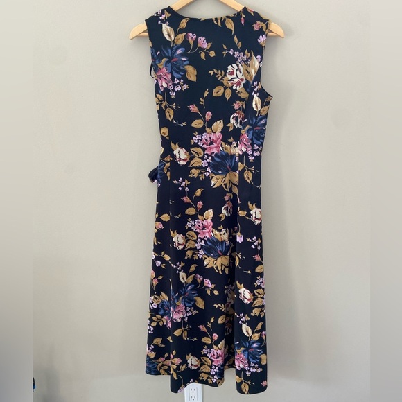 Women’s Sleeveless Wrap Tie Midi Ruffle Slit Black Floral Dress - Picture 2 of 4